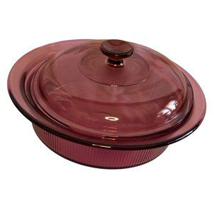 Visions Cranberry Round Ribbed Vintage  Covered Casserole Dish 2.5 Quart V-33-B